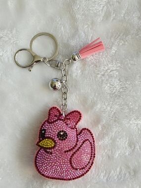 Pink Rhinestone Rubber Duck Keychain with Tassel Bling Bag Charm